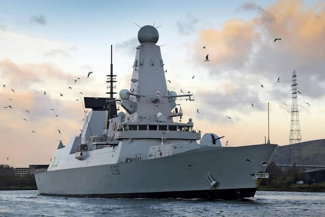 Library Image:
Type 45 destroyer HMS Defender arriving in her affiliated city of Glasgow.