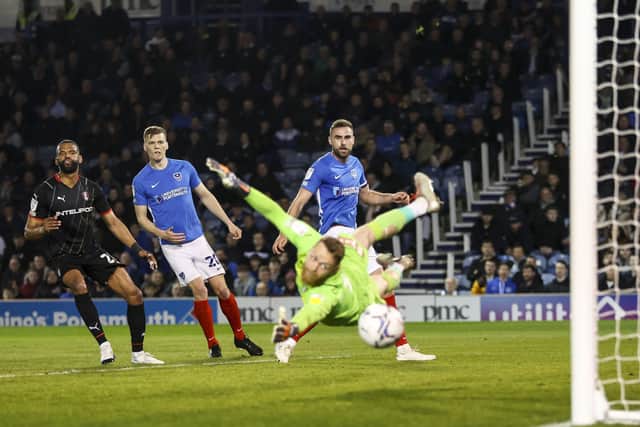 Clark Robertson scores his goal against Rotherham. (Photo by Robin Jones - Digital South)