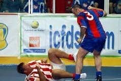 Gavin Maguire and Matt Le Tissier's infamous flashpoint during the Southern Masters' 5-a-side tournament in Milton Keynes in 2003. Picture: Mick Young