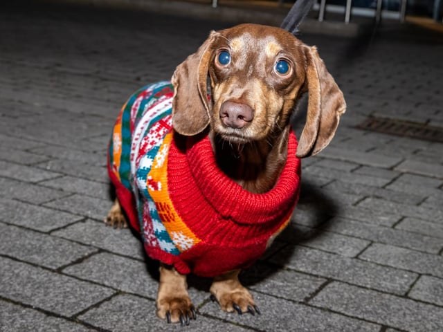 Duke the Sausage kept warm in a festive jumper at the Waterlooville Christmas light switch on.   Photos by Alex Shute