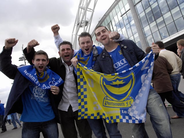 Jason Stone, Mark Blaxland, Dean Ballard and Jayjay Flynn outside Wembley ahead of Pompey's FA Cup semi-final against West Brom in 2008