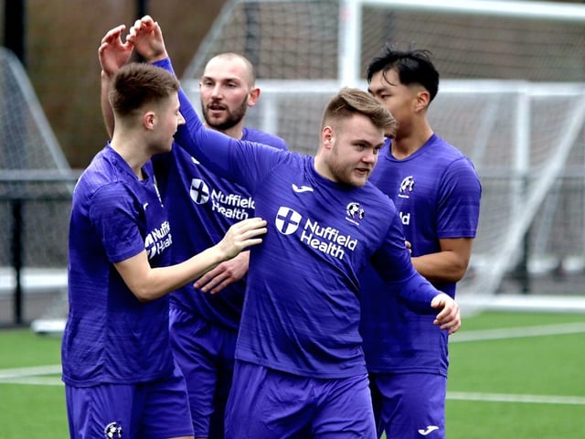 AFC Stoneham celebrate their opening goal. Picture by Tom Phillips