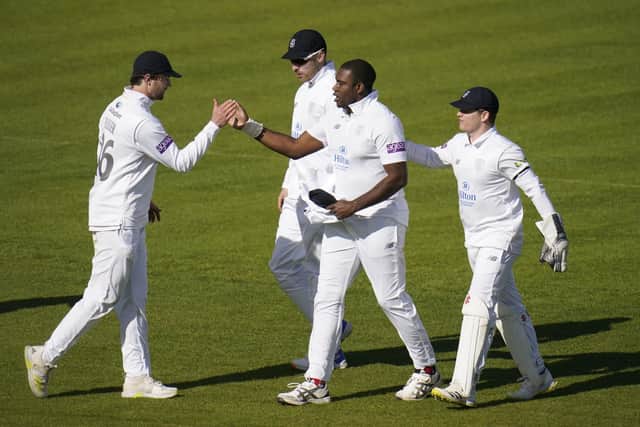 Hampshire's Keith Barker (second right) celebrates with his team mates after taking the wicket of Marchant de Lange. Picture: Andrew Matthews/PA Wire.