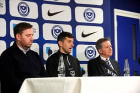 New Pompey head coach John Mousinho, with sporting director Rich Hughes, left, and chief executive Andy Cullen. Picture: Sarah Standing (200123-4767)