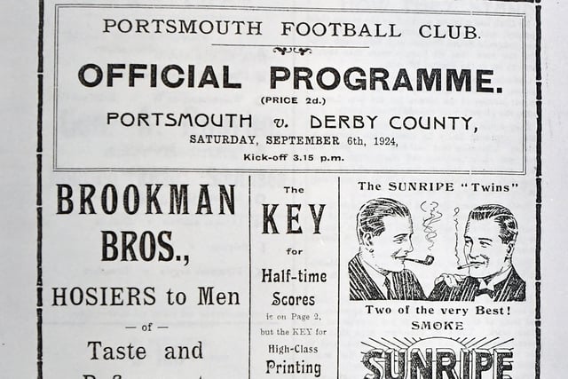 Portsmouth Football Club official programme for the Portsmouth v Derby County match on September 6, 1924