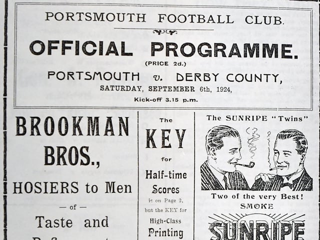 Portsmouth Football Club official programme for the Portsmouth v Derby County match on September 6, 1924