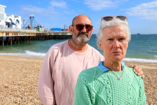 Gail Baird says she was harassed and abused by jetski riders while swimming near South Parade Pier in Southsea. She is pictured with her husband, Dan. Picture: Chris Moorhouse (jpns 230522-38).