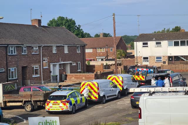 The scene on Tichborne Grove this morning where a man and woman were found with stab wounds.