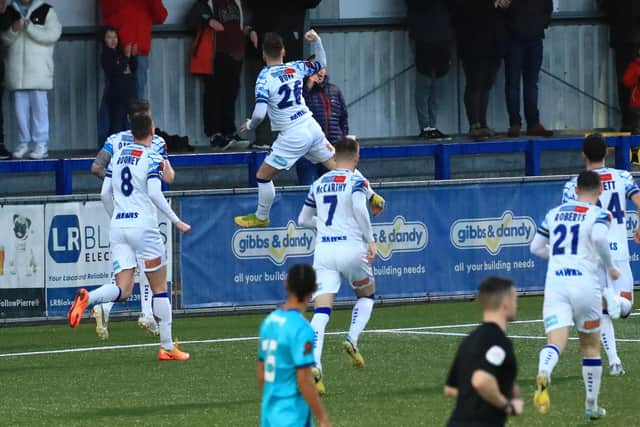 Charlie Ruff celebrates after restoring Hawks' lead against Braintree. Picture by Dave Haines