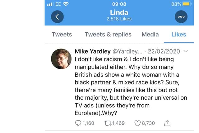 Tory Councillor Linda Symes has come under fire for sharing and liking alleged racist posts on social media. Pictures: a tweet liked by Cllr Symes