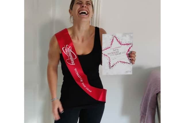 Jordie Rolfe from Waterlooville has lost 7stone 11lb in 60 weeks with Slimming World and has been nominated as her group's Woman of the Year. Pictured: Jordie winning Woman of the Year