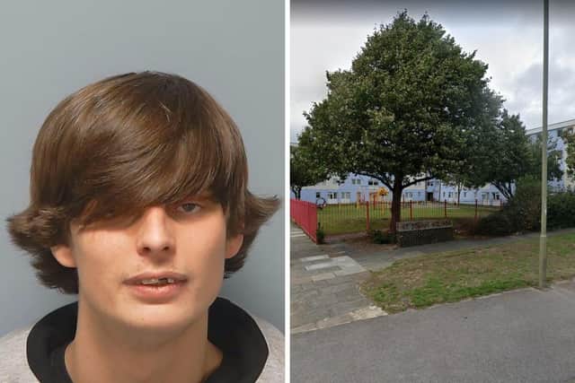 Aiden West, of Parham Road, Gosport, has been jailed after repeatedly stamping on a man's head, face and chest in multiple 'brutal assaults'. Picture: Hampshire and Isle of Wight Constabulary/Google Street View.