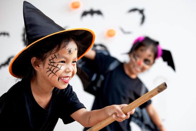 Two cute Asian child girls wearing halloween costumes and makeup having fun on Halloween celebration together.