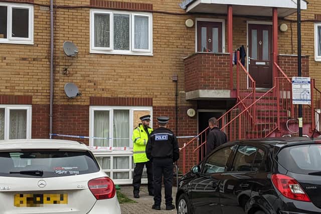 Police in Crabbe Court, Southsea, Portsmouth on October 10 2021 after a fire in the early hour of the morning. Picture: Emily Turner