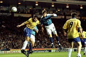 Adrian Whitebread, left, in action for Pompey at Manchester City in the 1999/2000 season. Whitbread was one of two red cards the Blues received in their April Fool's Day loss at Port Vale. Picture: Michael Steele /Allsport