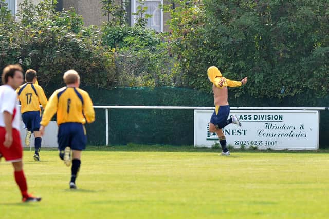 Steve Hutchings celebrates his FA Cup winner for Moneyfields against Gosport in 2011. 
Picture: Steve Reid