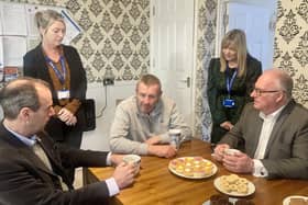 From left: Jon Whitaker, head of Hampshire and Isle of Wight Freemasons, Claire Simpson, Alabaré outreach support worker, Royal Navy veteran Tim Battersby, Yanna Preston, Alabaré's service manager, and John Pearson, the Freemasons' charity lead.