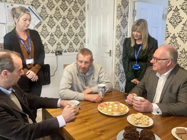 From left: Jon Whitaker, head of Hampshire and Isle of Wight Freemasons, Claire Simpson, Alabaré outreach support worker, Royal Navy veteran Tim Battersby, Yanna Preston, Alabaré's service manager, and John Pearson, the Freemasons' charity lead.