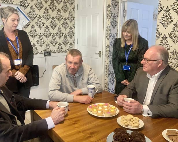 From left: Jon Whitaker, head of Hampshire and Isle of Wight Freemasons, Claire Simpson, Alabaré outreach support worker, Royal Navy veteran Tim Battersby, Yanna Preston, Alabaré's service manager, and John Pearson, the Freemasons' charity lead.