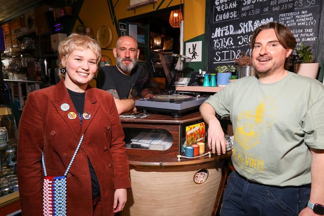 Manager Steve Courtnell, right, with staff members Eleanor Lowe and Martin Hall. Record Store Day 2024 at Pie & Vinyl, Castle Road, SouthseaPicture: Chris  Moorhouse