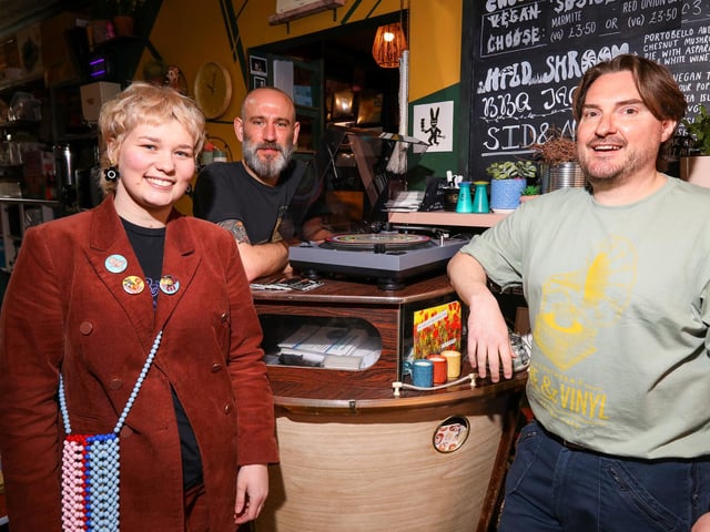 Manager Steve Courtnell, right, with staff members Eleanor Lowe and Martin Hall. Record Store Day 2024 at Pie & Vinyl, Castle Road, SouthseaPicture: Chris Moorhouse
