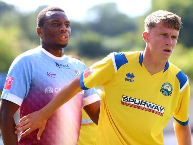 Pompey loanee midfielder Harry Jewitt-White, right, could make his Gosport return this weekend. Picture by Tom Phillips