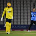 Danny Briggs (second right) celebrates taking the wicket of his former Hampshire colleague James Vince in a T20 Blast game at The Ageas Bowl last September. Photo by Alex Davidson/Getty Images.