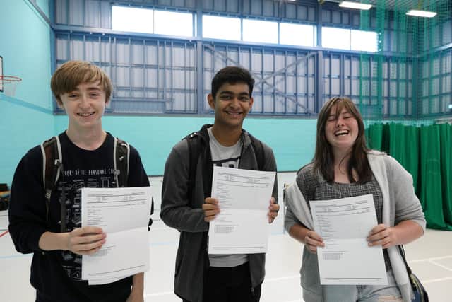 From left, Matthew Hague, Leon Mathew and Beth Tyas. GCSE Results day - UTC Portsmouth, Hilsea
Picture: Chris Moorhouse (jpns 120821-07)