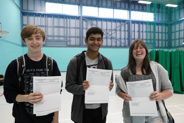 From left, Matthew Hague, Leon Mathew and Beth Tyas. GCSE Results day - UTC Portsmouth, Hilsea
Picture: Chris Moorhouse (jpns 120821-07)
