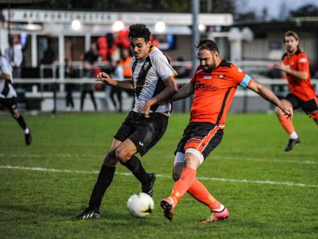Brett Pitman scores one of his 29 Wessex League Premier Division goals in 2022/23 in Portchester's 8-1 thrashing of Alresford. Picture by Daniel Haswell.