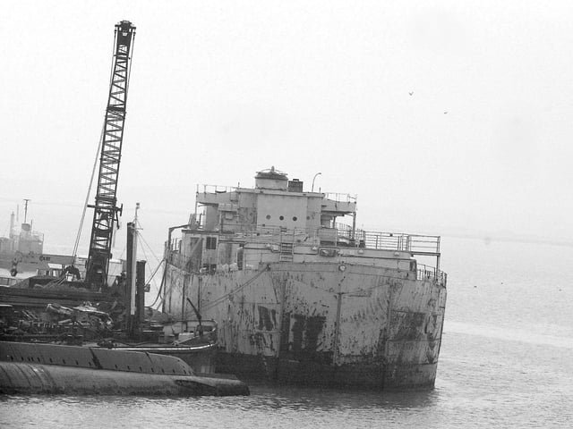 HMS Stalker an LST alongside at Pounds Shipyard at Tipner in Portsmouth 12th December 2002. Picture: Malcolm Wells 026251-203