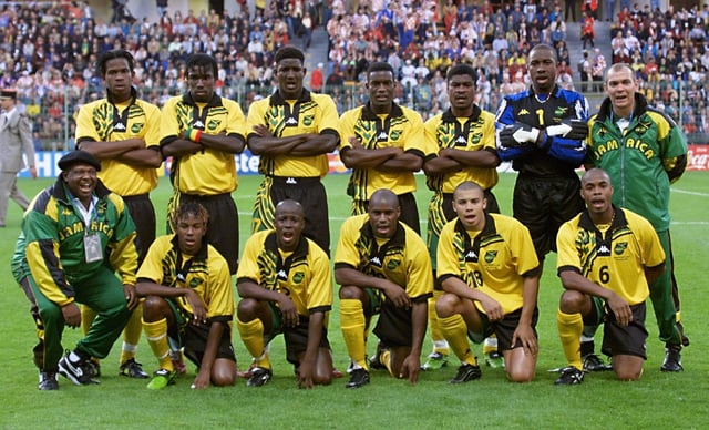 Paul Hall with Robbie Earle, Frank Sinclair, Deon Burton and Fitzroy Simpson at the 1998 World Cup. Picture: TOSHIFUMI KITAMURA/AFP via Getty Images