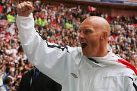 Mark Stimson celebrates Stevenage Borough's FA Trophy win in 2007. Photo by Phil Cole/Getty Images.