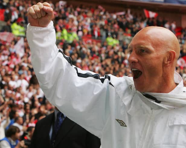 Mark Stimson celebrates Stevenage Borough's FA Trophy win in 2007. Photo by Phil Cole/Getty Images.