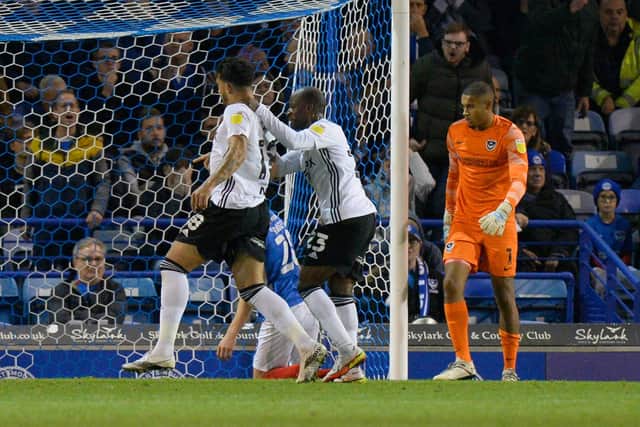 Gavin Bazunu can only look on in horror as Macauley Bonne gives Ipswich a first-half lead against Pompey. Picture: Graham Hunt/ProSportsImages