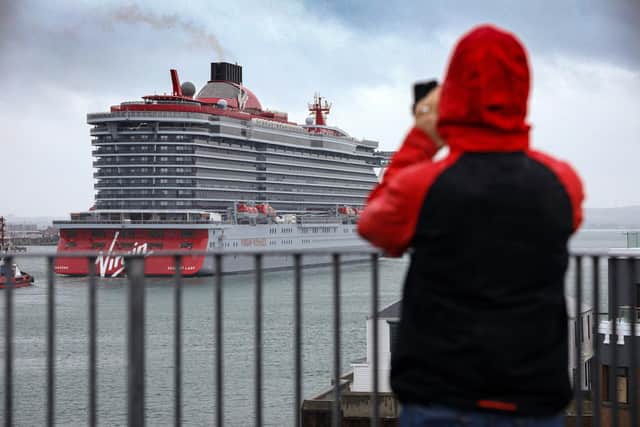 Arrival of Virgin crusie ship Scarlet Lady in Portsmouth. Picture: Chris Moorhouse (210621-07)