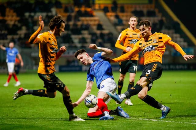 George Hirst battles away for Pompey in their Papa John's Trophy encounter at Cambridge United. Picture: Simon Davies/ProSportsImages