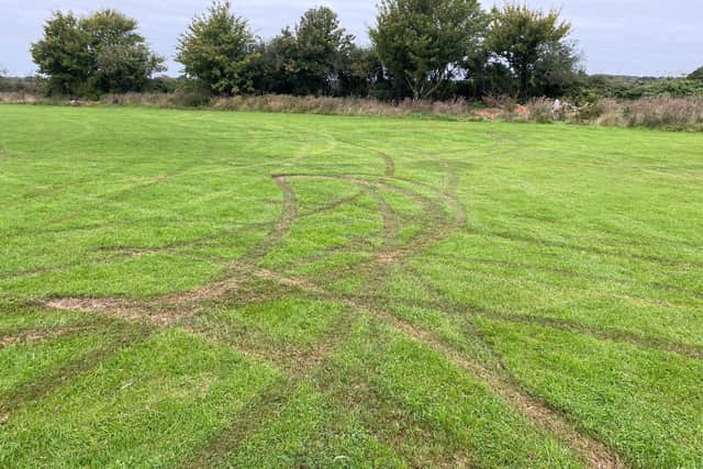 The aftermath of vehicles driving across football pitches in Peel Park, Clanfield. Picture: Stuart Wallis