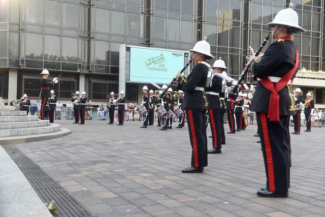 Dozens of Falklands veterans were given a rousing welcome to Portsmouth by the Royal Marines Band to mark the 40th anniversary of the Falklands War.
Picture: Sarah Standing (170622-173)