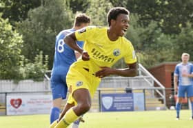 Lucas Sinclair wheels away after his stunning goal for Hawks at AFC Totton. Pic: Kieron Louloudis
