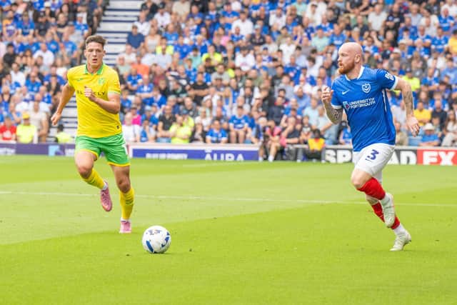 Connor Ogilvie who was booked for simulation amid a late penalty appeal, on the attack for Pompey against Norwich. Picture: Steve Bailey/ProSportsImages