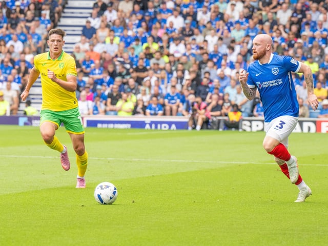 Connor Ogilvie who was booked for simulation amid a late penalty appeal, on the attack for Pompey against Norwich. Picture: Steve Bailey/ProSportsImages