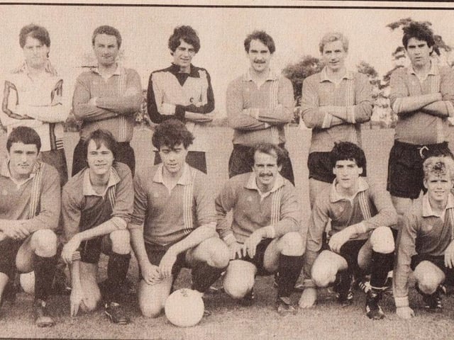 Meon Valley League Division 2. Back (from left): Richard Locke, Nigel Shepperd, Gary Ople, David May, David Morgan, Tony May. Front: Terry Beale, Gary Dobbison, Alan Poor, Trevor Knapp, Richard May, Sean Malcolm. 1982
