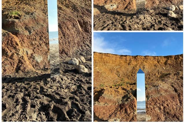 Undated handout photo issued by Alexia Fishwick showing a composite of images of a monolith on Compton Beach, on the Isle of Wight. Picture: Alexia Fishwick/PA Wire
