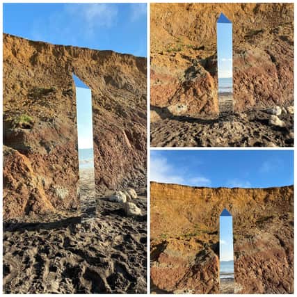 Undated handout photo issued by Alexia Fishwick showing a composite of images of a monolith on Compton Beach, on the Isle of Wight. Picture: Alexia Fishwick/PA Wire