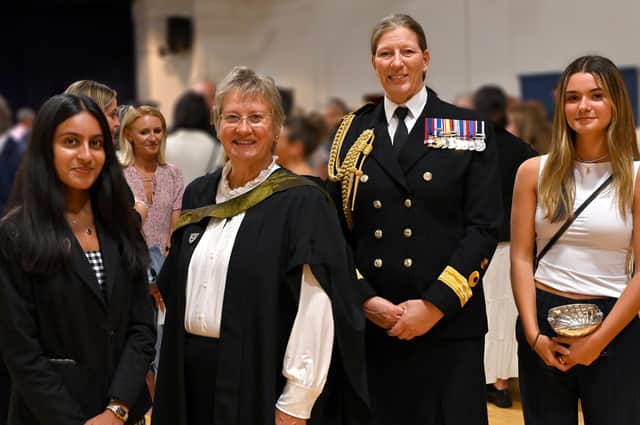 Incoming Head Girl Priyanka Patel, Headmistress Jane Prescott, Commodore Alison Hofman and Outgoing Head Girl, Phoebe Wilson. Picture by Sally Tiller.