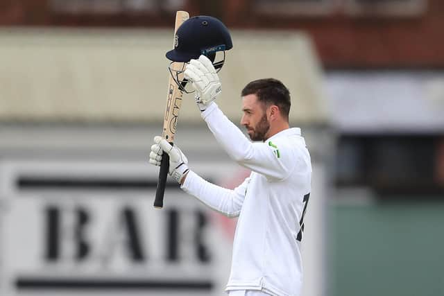 James Vince celebrates his century. Pic: Mike Egerton/PA Wire.