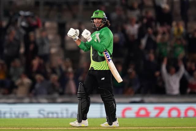 Southern Brave's Colin de Grandhomme celebrates victory against the Oval Invincibles. Picture: John Walton/PA Wire.