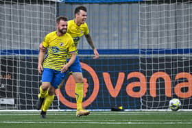 Jake Smith, left, with Conor Hilton after scoring one of his three goals in Locks Heath's 5-0 win against Clanfield at Westleigh Park. Picture by Richard Murray.