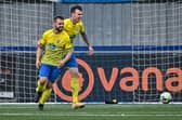 Jake Smith, left, with Conor Hilton after scoring one of his three goals in Locks Heath's 5-0 win against Clanfield at Westleigh Park. Picture by Richard Murray.